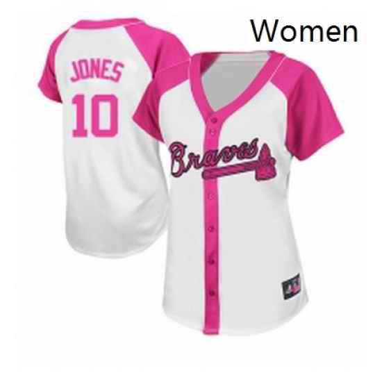 Womens Majestic Atlanta Braves 10 Chipper Jones Authentic WhitePink Splash Fashion MLB Jersey
